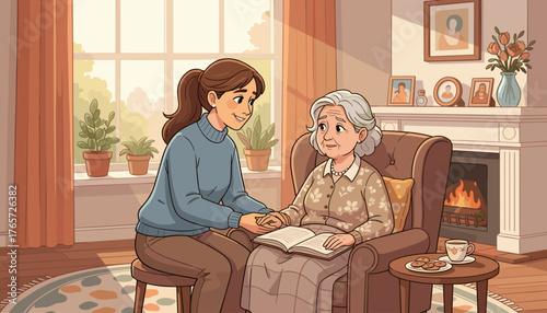 Warm and tender scene of a caring daughter holding hands with her elderly mother, who is seated in an armchair reading a book by a cozy fireplace, symbolizing love, family support, and