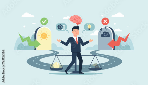 Conceptual illustration of a businessman making a crucial decision, standing at a crossroads with two diverging paths representing right and wrong choices, symbolizing the challenges of