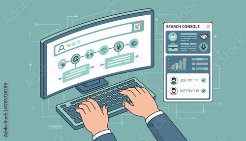 Modern computer screen displaying a search console interface with various icons and data visualizations, representing technology, search engine optimization, and business analytics, with hands typing