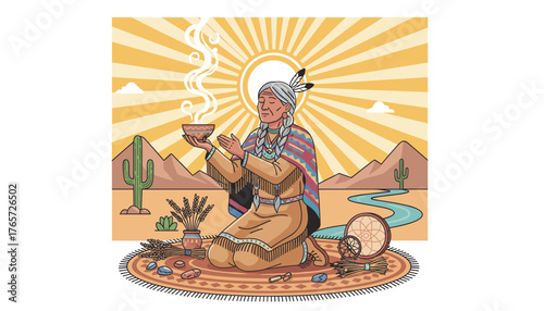 Elderly Native American woman in traditional attire, performing a spiritual healing ritual with smoke rising from a bowl, set against a vibrant desert landscape with cacti, mountains, a winding