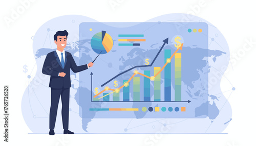 Dynamic illustration of a businessman in a suit presenting financial data on a global chart and graph diagram, showcasing investment growth with upward trending bars, line graphs, and pie charts