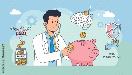 Doctor with stethoscope examining a piggy bank, symbolizing financial health check-up, with icons representing debt-free living, saving money, smart investment, risk preservation, and brain-boosting
