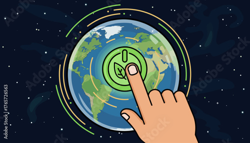 Close-up of a human finger pressing a green power button with a leaf symbol on a glowing Earth globe, set against a dark starry night sky, symbolizing environmental protection and sustainable energy