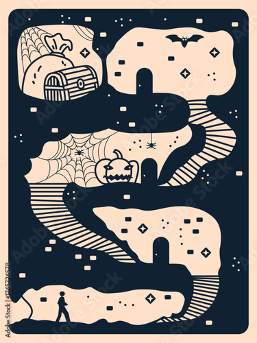 Minimalist hand-drawn dungeon maze illustration in Halloween theme, featuring winding tunnels, treasure chest, pumpkin, spider web, bat, and explorer character. Flat vector design with simple two-tone