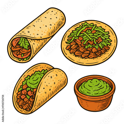 Collection of popular Mexican street food items like a wrapped burrito and crunchy taco