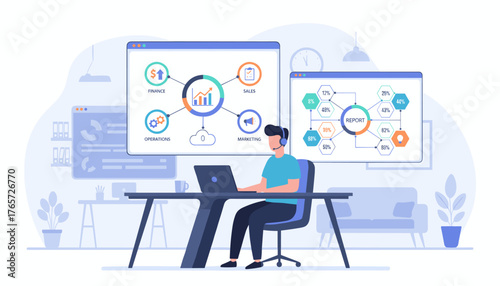 Modern flat illustration of a business professional working at a desk with a laptop, analyzing data and reports on large screens, showcasing key performance indicators for finance, operations