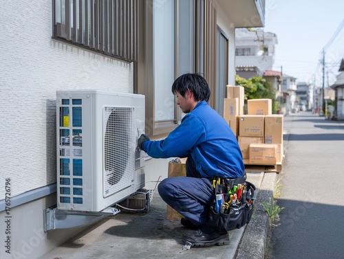 日本の戸建て住宅の外壁にエアコンの室外機を設置している電気工事や設置工事の作業員