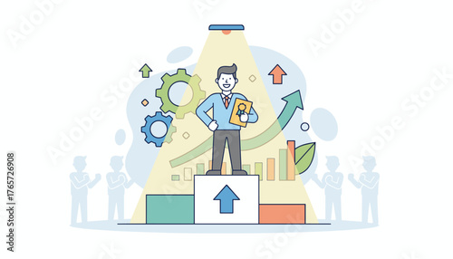 Vivid illustration of a successful businessman standing on a winner's podium, bathed in a spotlight, holding a certificate, with gears, growth charts, and cheering silhouettes symbolizing achievement