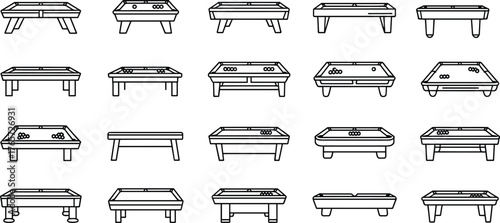 Pool table icon set, top view billiards layout, black and white line drawings, game room furniture symbols, vector illustration, cue sport reference