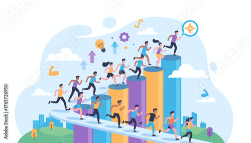 Diverse group of people running up a colorful bar graph representing career growth and success, symbolizing ambition, teamwork, and achieving goals with a compass indicating direction and an idea