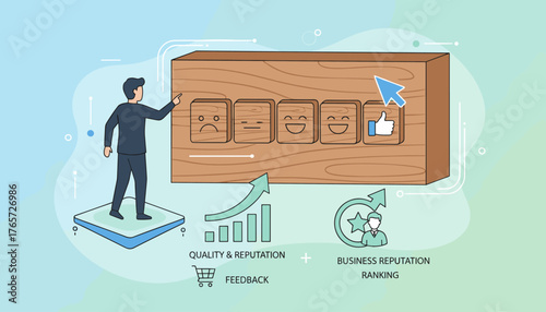 Conceptual illustration of a person evaluating customer satisfaction on a wooden panel with various emoticons, representing feedback, quality, and business reputation ranking, with growth charts and