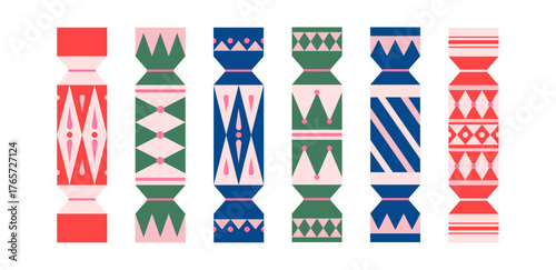 Set of colorful sweet candy, crackers on white background. Geometric flat ornament. Christmas or birthday template. Isolated elements.