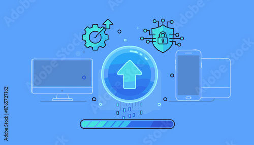 Digital illustration of a software update or operating system upgrade concept, featuring a central glowing blue circle with an upward arrow, surrounded by icons representing technology and security