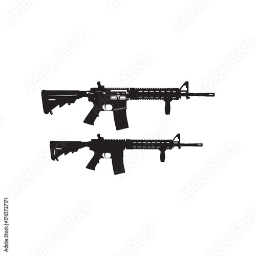 Illustration of two black assault rifles, showcasing modern firearm design and technology