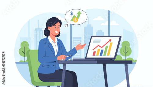 Successful Asian businesswoman in a blue suit analyzes sales growth charts on a laptop, with a thought bubble showing upward trending arrows and dollar signs, representing financial success and