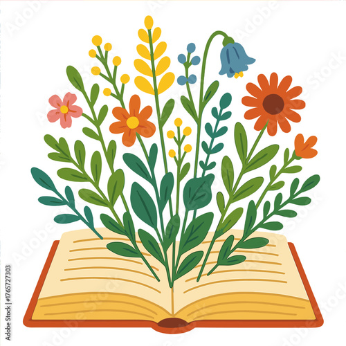 Colorful wildflowers and green foliage growing out of an open book symbolizing knowledge and nature