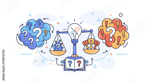 Vivid vector illustration depicting the concept of problem-solving and decision-making, with a balanced scale weighing question marks against exclamation points, symbolizing the journey from
