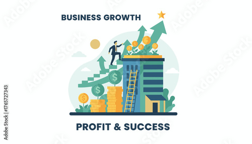 Vibrant vector illustration depicting business growth and financial success, featuring a businessman climbing stairs towards a golden star atop a building, surrounded by stacks of coins, upward
