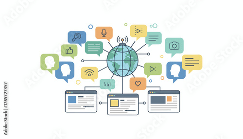 Vibrant flat-style vector illustration depicting a global network of news and social media communication, featuring icons for search, likes, profiles, messages, microphone, video play, camera, Wi-Fi