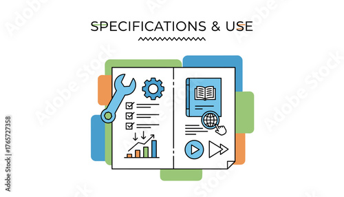 Vector illustration of a document detailing specifications and requirements, featuring icons for tools, checklists, charts, a book, a globe, and media playback controls, representing business