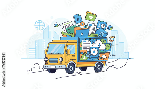 Vivid flat style vector illustration of a yellow delivery truck overloaded with digital data, documents, folders, cloud storage icons, and hard drives, symbolizing data transfer, logistics, and