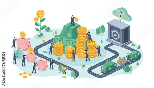 Isometric illustration of financial services, depicting a small bank with a secure cloud storage system, people depositing coins into piggy banks, stacking gold coins and banknotes, and transporting