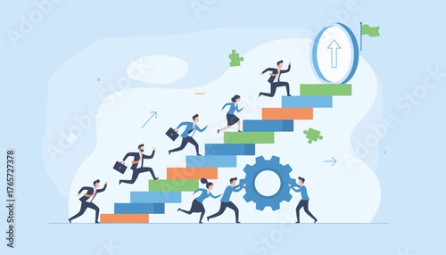 Dynamic flat-style vector illustration depicting a diverse group of business professionals energetically ascending a colorful staircase, symbolizing career growth, teamwork, and achieving goals, with