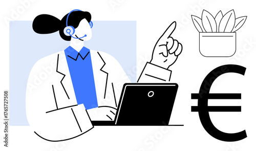 Customer service agent wearing a headset works with a laptop, pointing upward. Nearby are a Euro currency sign and a potted plant. Ideal for finance, customer support, e-commerce, online learning