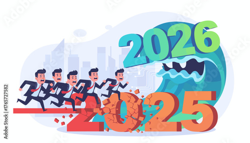 A group of businessmen in suits are running away from a giant wave representing the year 2026, which is crashing down on the breaking numbers of 2025, symbolizing the challenges and uncertainties of