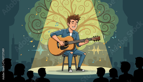 A joyful acoustic guitarist performs live on a brightly lit stage, bathed in a spotlight, with musical notes and sound waves emanating around him, set against a stylized tree and cityscape backdrop