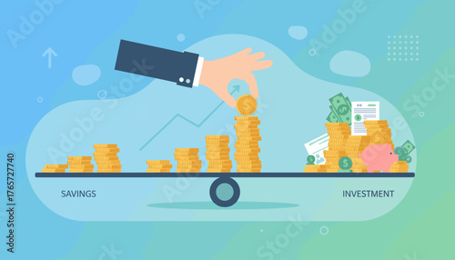 Conceptual illustration of business finance and saving money, showing stacks of coins and banknotes on a balance scale, symbolizing investment growth and financial planning with a piggy bank and