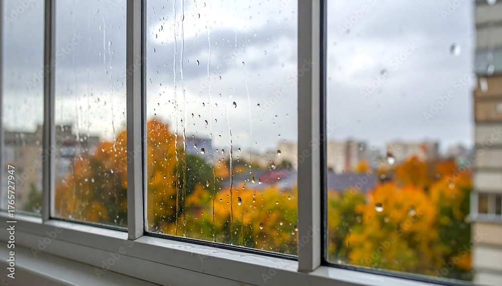 Naklejka premium Raindrops cling to a window, blurring a vibrant autumn scene with orange trees and cityscape in the background