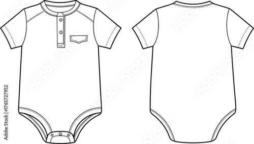 Fotografie Baby unisex short sleeve henley bodysuit fashion flat technical sketch vector illustration for children's apparel design and clothing template