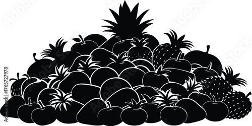 A large overflowing pile of various fresh fruits depicted in a striking black silhouette against a white background silhouette