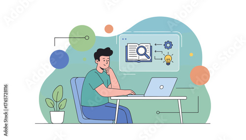 Modern illustration of a young man sitting at a desk using a laptop, contemplating a digital display showing an open book with a magnifying glass, gears, and a lightbulb, symbolizing education