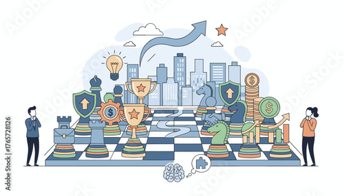 Strategic business competition visualized on a chessboard with chess pieces representing corporate strategy, financial growth, and innovative ideas, set against a city skyline backdrop, symbolizing