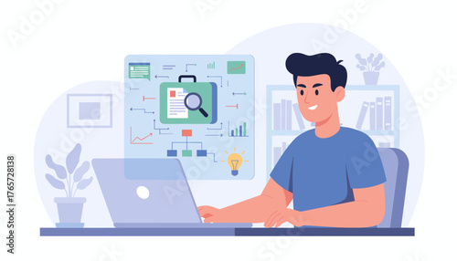 Modern flat illustration of a person using a laptop, with a digital board displaying a case study, charts, and a magnifying glass, symbolizing education, research, and business analysis in a
