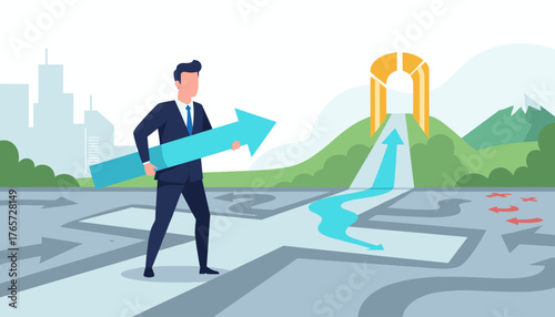 Businessman holding a large blue arrow, standing at a crossroads with multiple paths, symbolizing change of direction or career path for best opportunities, leading towards a bright future and