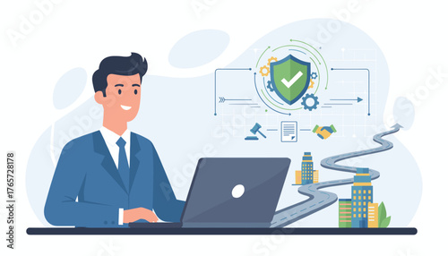 Business compliance concept with a smiling businessman at a laptop, a digital shield with a checkmark, legal gavel, document, handshake, and a winding road leading to city buildings, symbolizing