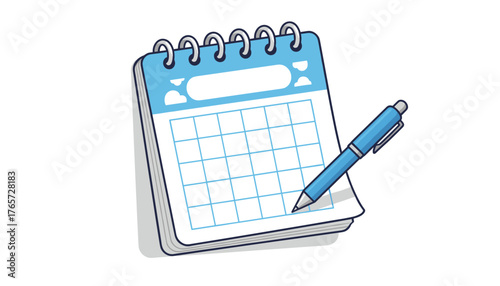 Close-up illustration of a blank blue and white spiral-bound calendar page with a grid for dates and a blue ballpoint pen poised to write, isolated on a clean white background, symbolizing planning