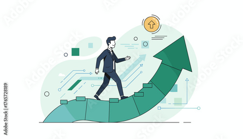 A determined businessman in a suit confidently climbs a large, upward-trending green arrow, symbolizing career advancement, business growth, and achieving success through consistent effort and