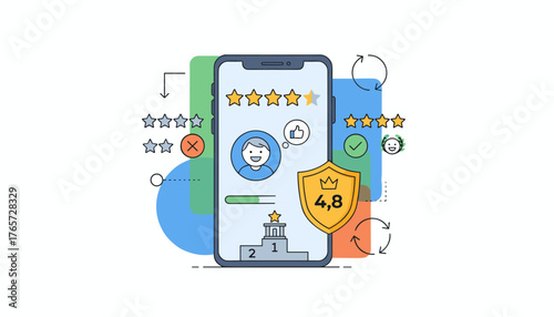 Customer satisfaction survey and feedback concept, illustrated by a smartphone displaying user profile, star ratings, a podium with awards, and a shield with a score of 4.8, representing positive