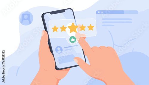 Close-up of a man's hand holding a smartphone, displaying a five-star customer review with a thumbs-up icon, symbolizing positive feedback and satisfaction in a modern digital interface, perfect for