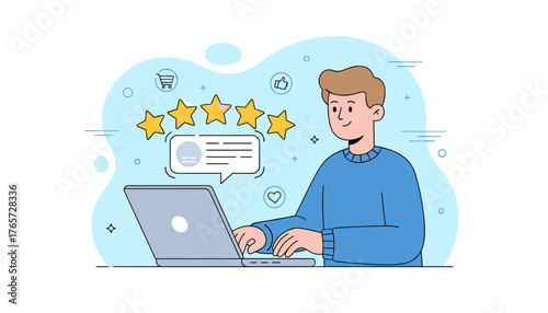 Customer satisfaction feedback review concept. A smiling man sits at a laptop, typing and leaving a positive review with five stars and a thumbs-up icon, symbolizing excellent service and product