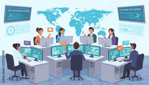 Global customer service hotline operators working in a modern call center, communicating with clients worldwide via headsets and computers, with a world map and data displays in the background