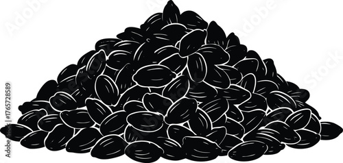 A large pile of dark dried raisins or currants forming a mound in a simple black and white silhouette illustration