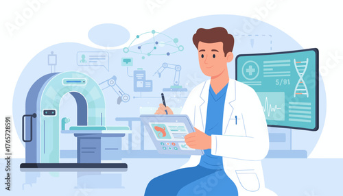 Modern medical technology and science illustration featuring a doctor in a lab coat using a tablet with medical data, surrounded by advanced equipment like a CT scanner, robotic arms, and a digital