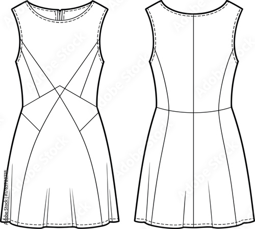Women's stylish cap sleeve midi wrap dress fashion flat technical sketch vector illustration for apparel design and clothing template.