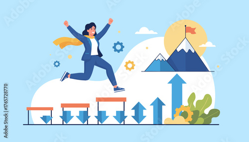 Energetic businesswoman in a blue suit and yellow cape leaps over hurdles, symbolizing overcoming obstacles and achieving success, with mountains and a flag representing goals in the background