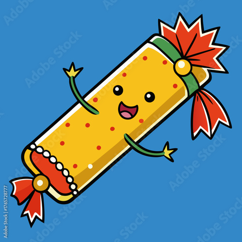 Cute cartoon christmas cracker character with a happy face and festive red bows